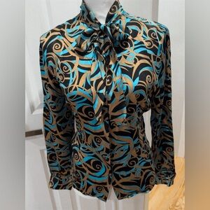 Starlington Elegant Black and Gold Swirl Blouse with Blue Accents